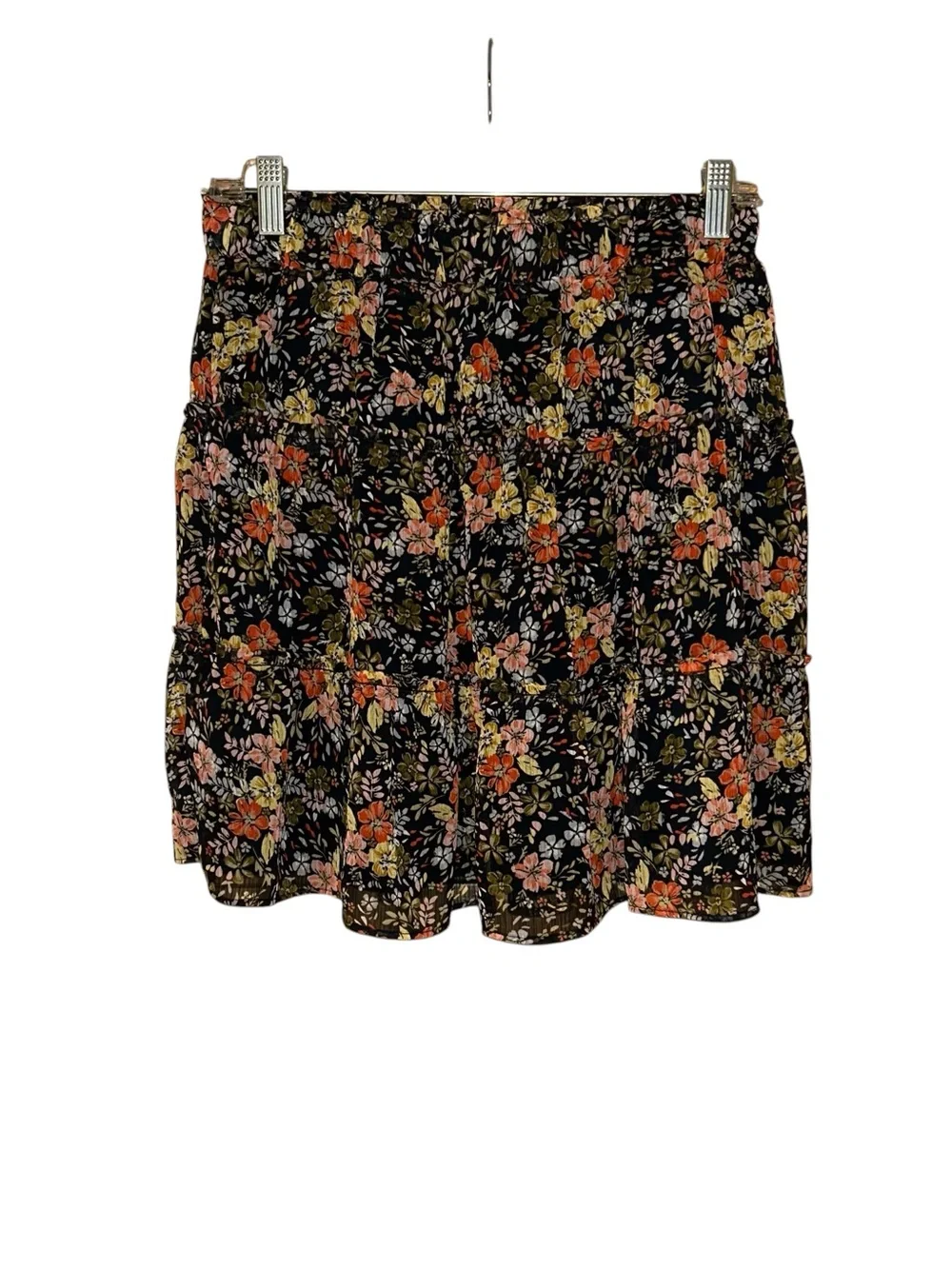 LOFT Floral Tiered Mini Skirt Women’s Small Black Pink Boho‎ Lined Pull On